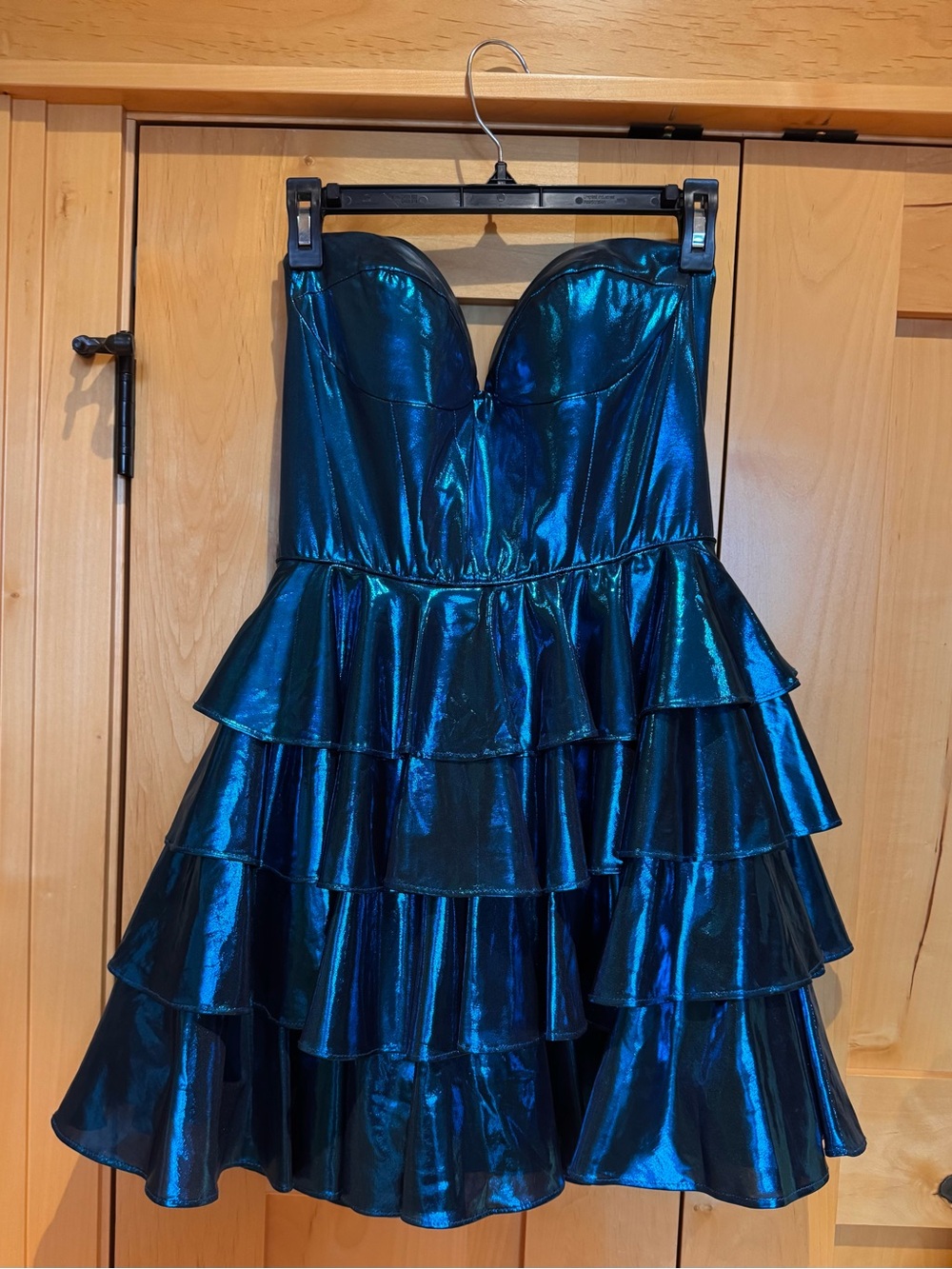 Sherri Hill Strapless Iridescent Blue Ruffle Dress